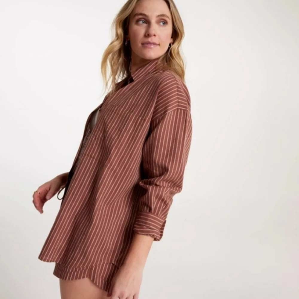 Calia Womens Large Striped Linen Blend Button Down Shirt Swimsuit Cover Up Brown